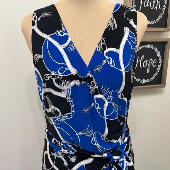 Ralph Lauren Equestrian Status Print Wrap Look Maxi Dress Stretch Knit Blue 14 - Picture 8 of 10